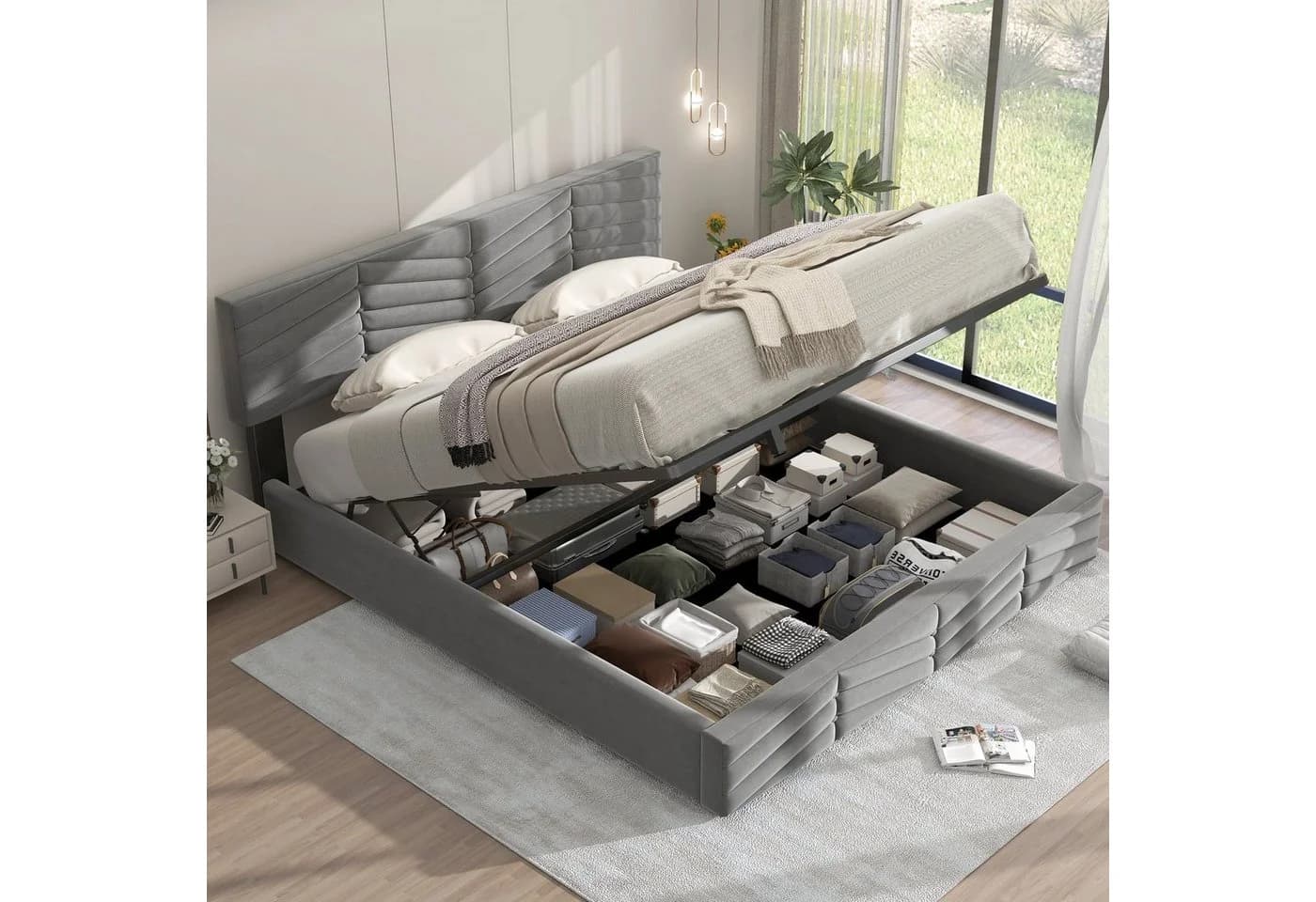 Odikalo Polsterbett mit Lattenrost und Kopfteil Beige/Grau 140/180x200 - Bild 2