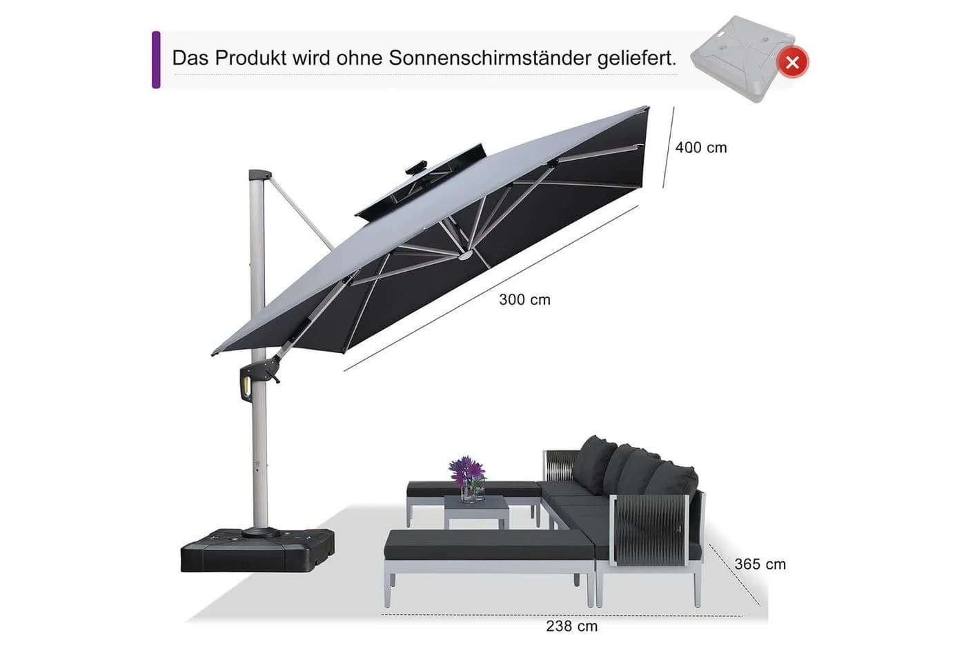 PURPLE LEAF Sonnenschirm Rechteckig Grau Alu mit Solar LED