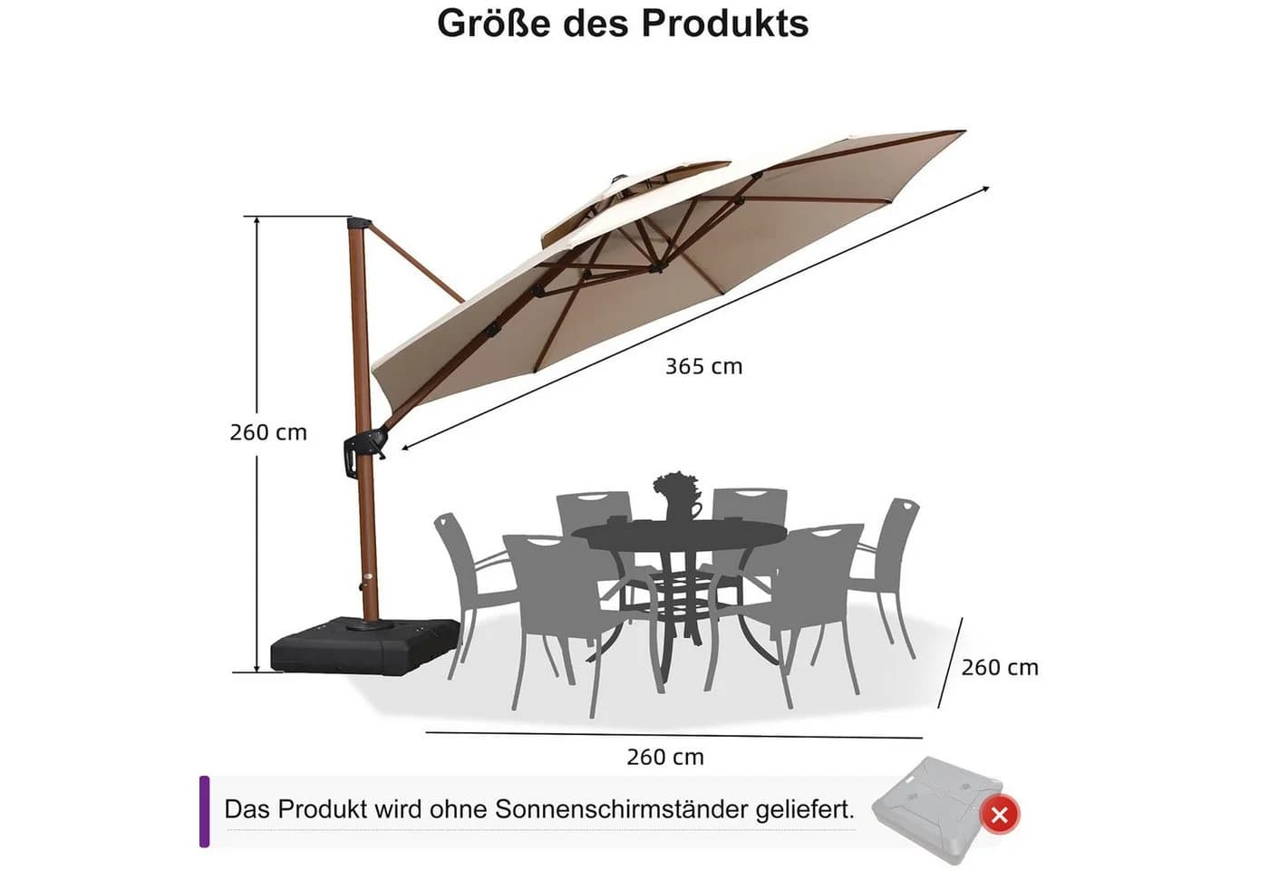 PURPLE LEAF Sonnenschirm Holzoptik Rund UV50+ 360°
