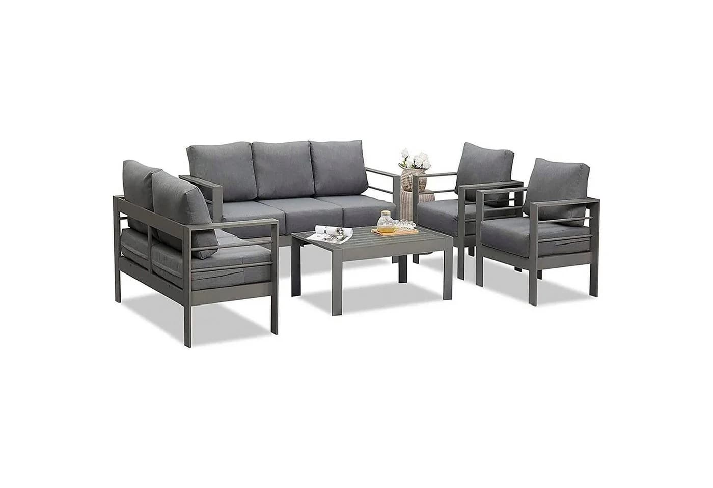 MeXo Gartenlounge-Set XXL 5-tlg. Grau Aluminium Outdoor mit Kissen