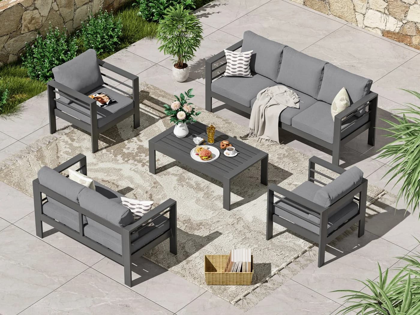MeXo Gartenlounge-Set XXL 5-tlg. Grau Aluminium Outdoor mit Kissen - Bild 2