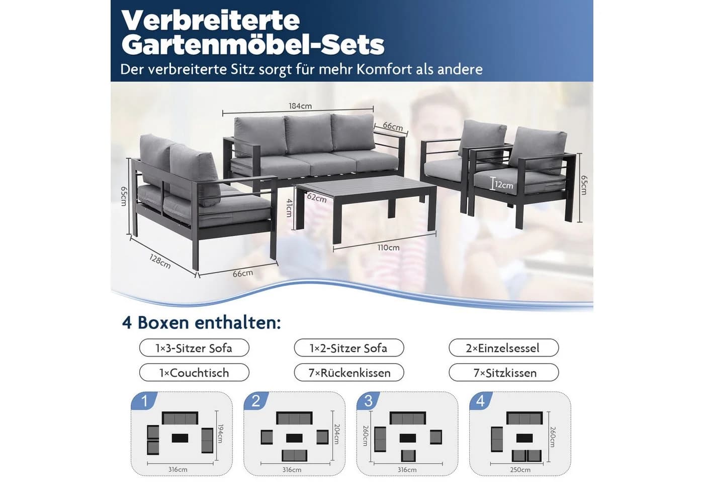 MeXo Gartenlounge-Set XXL 5-tlg. Grau Aluminium Outdoor mit Kissen - Bild 3