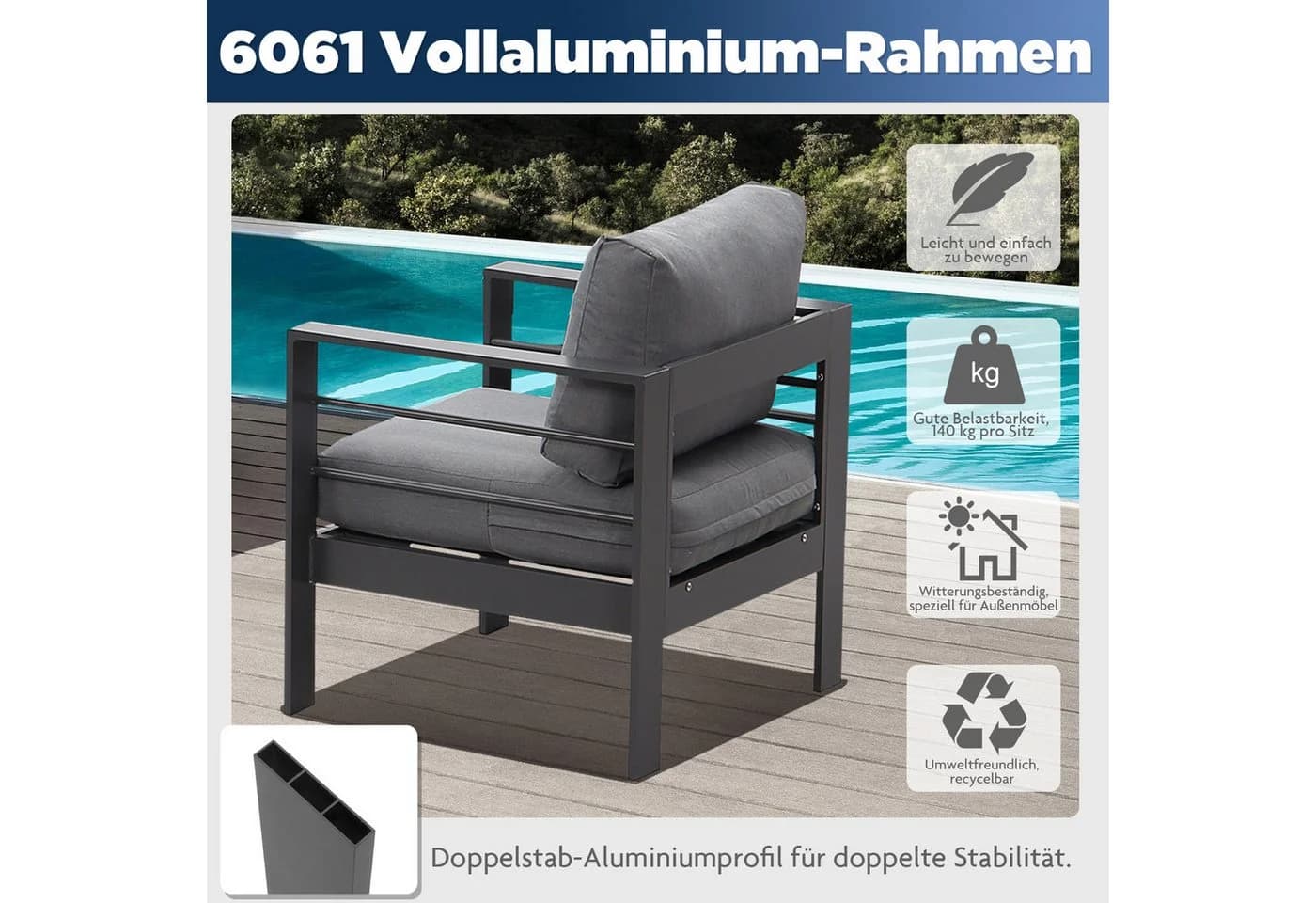 MeXo Gartenlounge-Set XXL 5-tlg. Grau Aluminium Outdoor mit Kissen - Bild 4