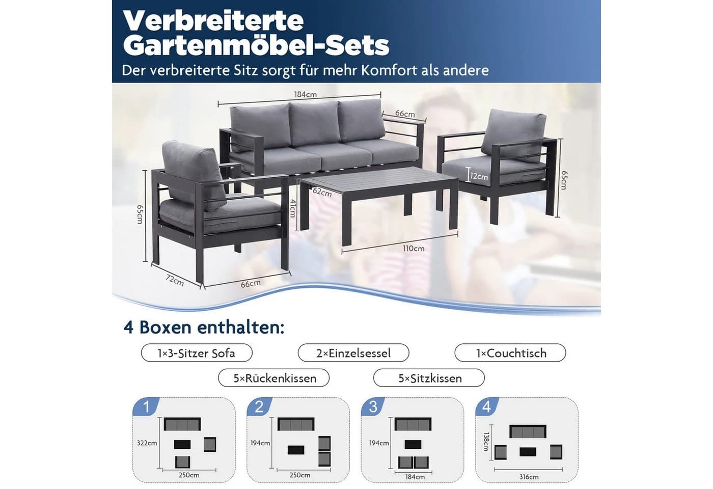 MeXo Gartenlounge-Set 4-tlg. Grau Aluminium Wetterfest mit Kissen - Bild 3