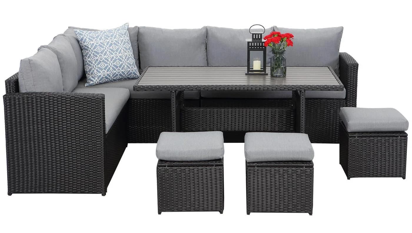 MeXo Loungeset Rattan Gartenmöbel Set 7-tlg. Schwarz Wetterfest