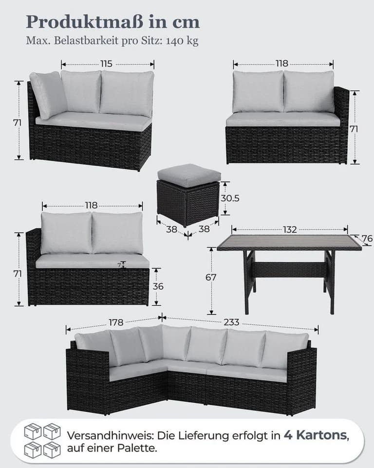 MeXo Loungeset Rattan Gartenmöbel Set 7-tlg. Schwarz Wetterfest - Bild 4