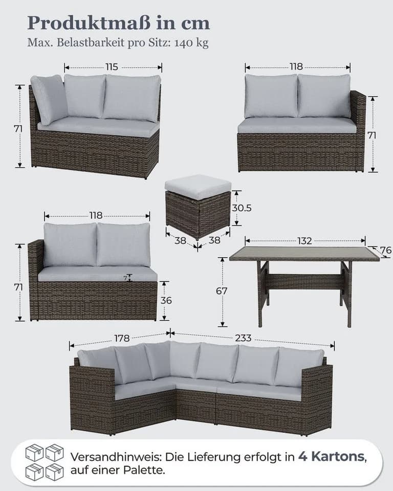 MeXo Gartenlounge-Set 7-tlg. Grau Poly Rattan für 8-10 Personen - Bild 4