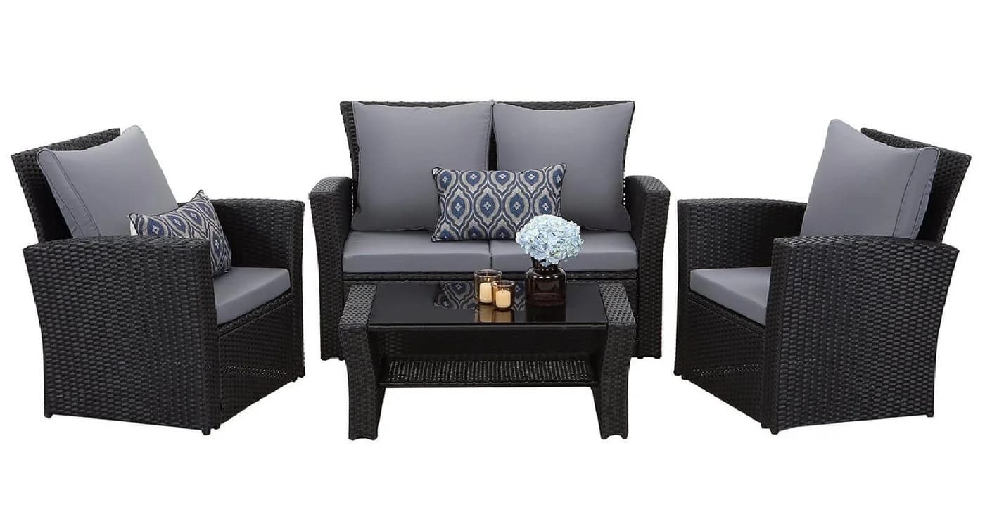 MeXo Gartenlounge-Set 4-tlg. Schwarz Polyrattan mit Kissen