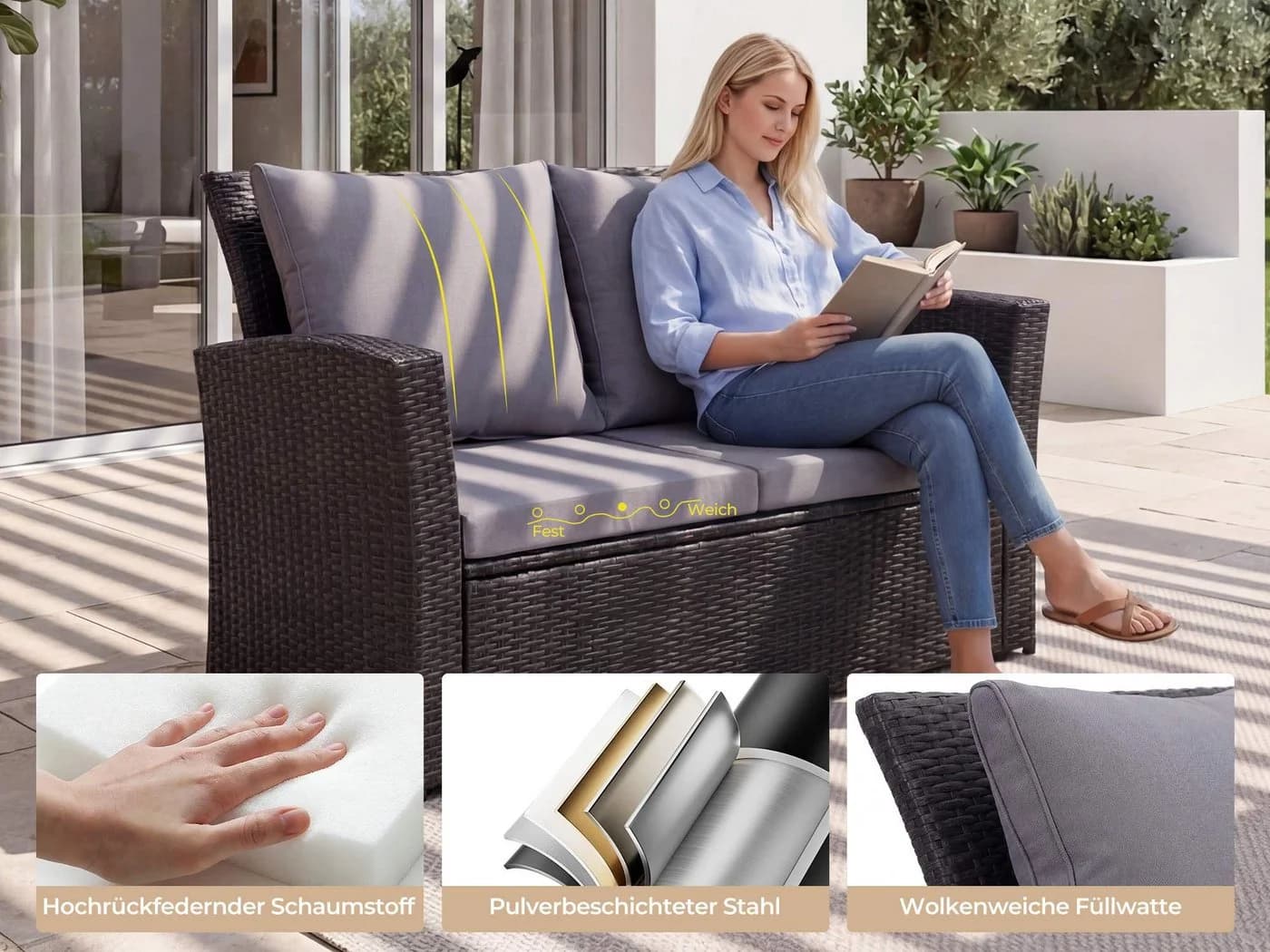 MeXo Gartenlounge-Set 4-tlg. Schwarz Polyrattan mit Kissen - Bild 5