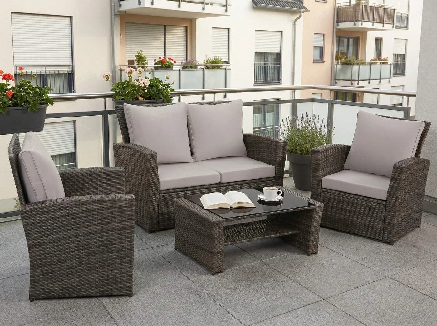 MeXo Gartenlounge-Set 4-tlg. Grau Polyrattan mit Kissen - Bild 2