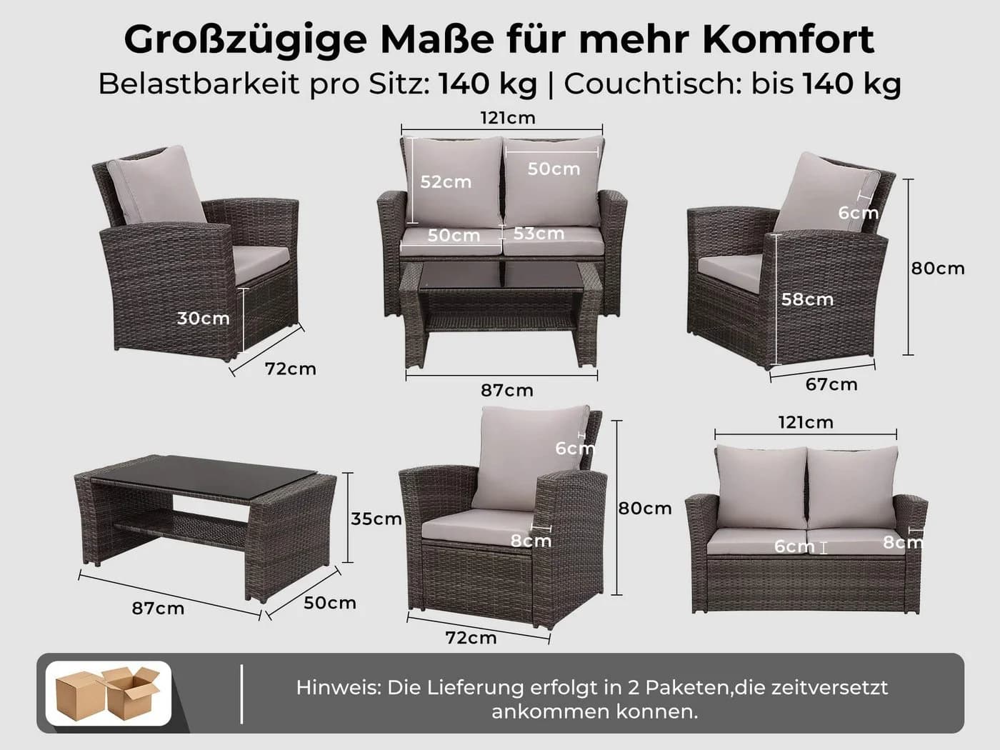 MeXo Gartenlounge-Set 4-tlg. Grau Polyrattan mit Kissen - Bild 3
