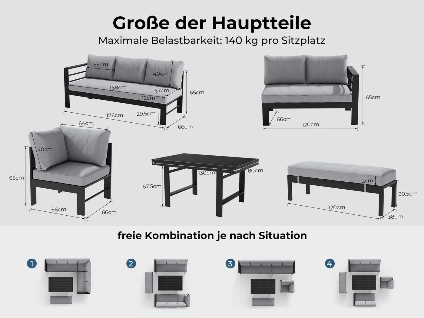 MeXo Gartenlounge-Set XXL Aluminium 6-8 Plätze Schwarz - Bild 3
