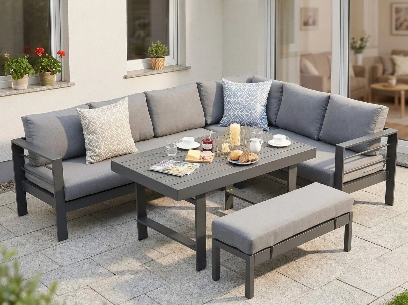 MeXo Gartenlounge-Set XXL Grau Aluminium Ecksofa 6-8 Plätze - Bild 2