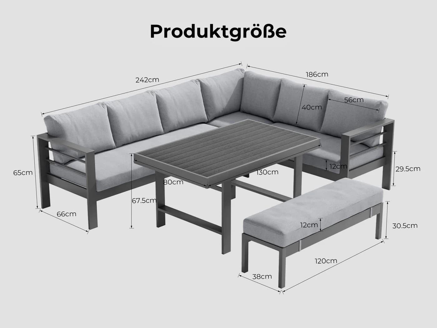 MeXo Gartenlounge-Set XXL Grau Aluminium Ecksofa 6-8 Plätze - Bild 4
