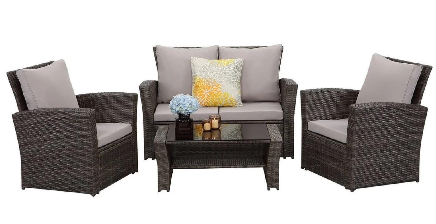 MeXo Gartenlounge-Set 4-tlg. Grau Poly Rattan mit Kissen & Stauraum - Bild 1