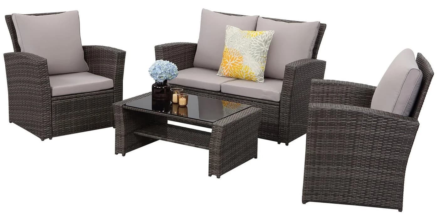 MeXo Gartenlounge-Set 4-tlg. Grau Polyrattan mit Kissen