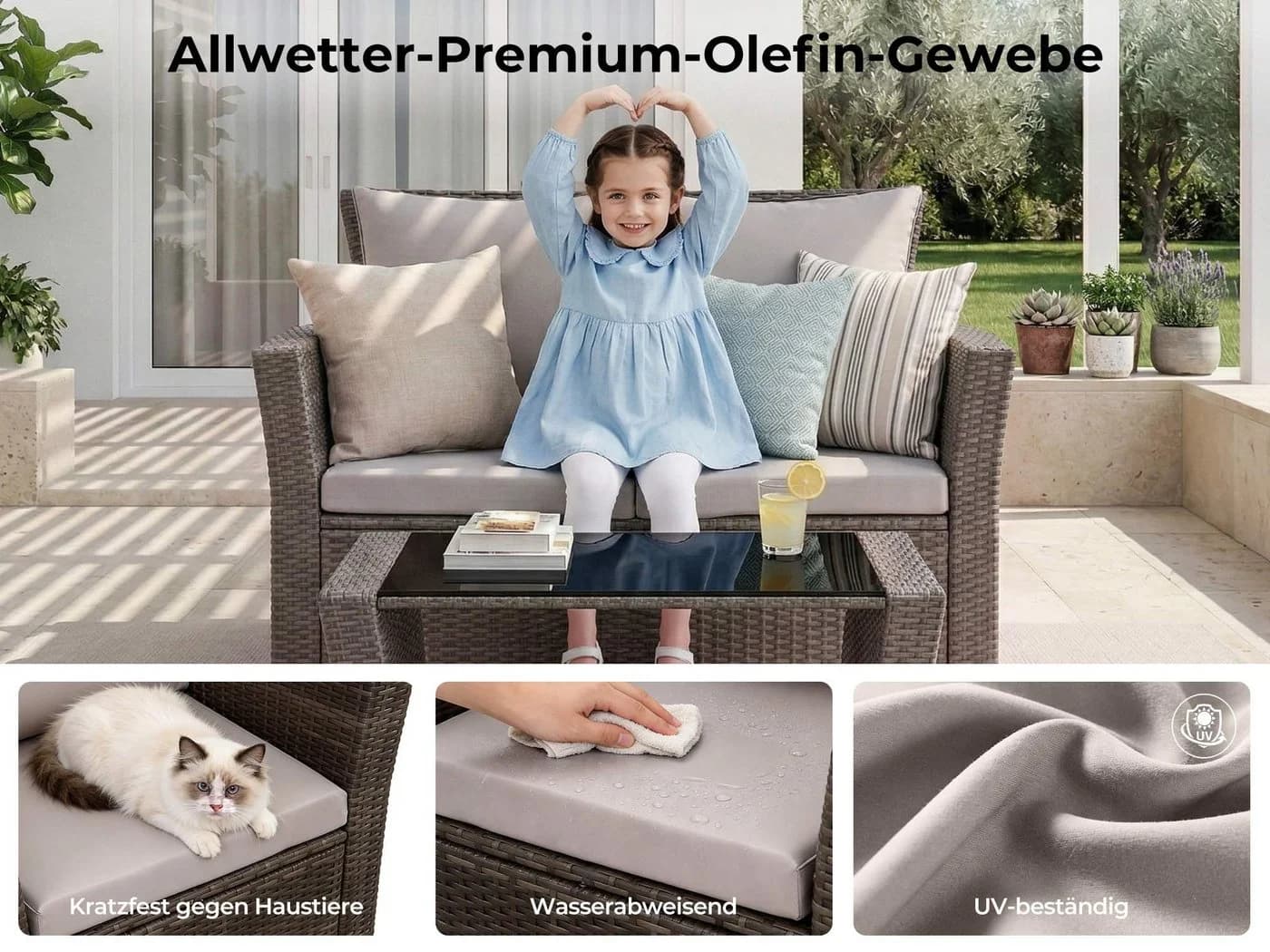 MeXo Gartenlounge-Set 4-tlg. Grau Polyrattan mit Kissen - Bild 5