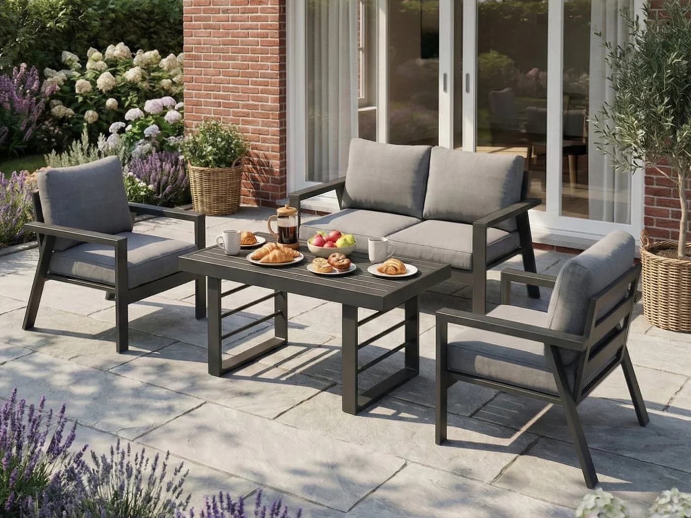 MeXo Gartenlounge-Set 4-tlg. Aluminium Grau mit WPC-Tisch - Bild 2