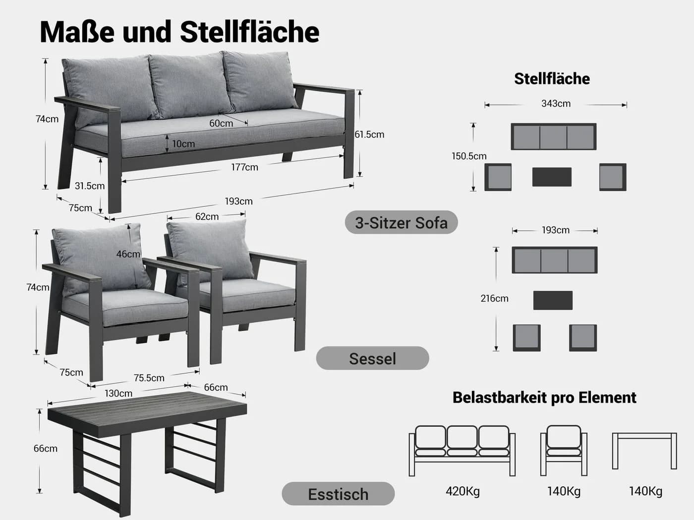 MeXo Gartenlounge-Set Aluminium 5-6 Personen, Wetterfestes Gartenmöbel Set - Bild 4