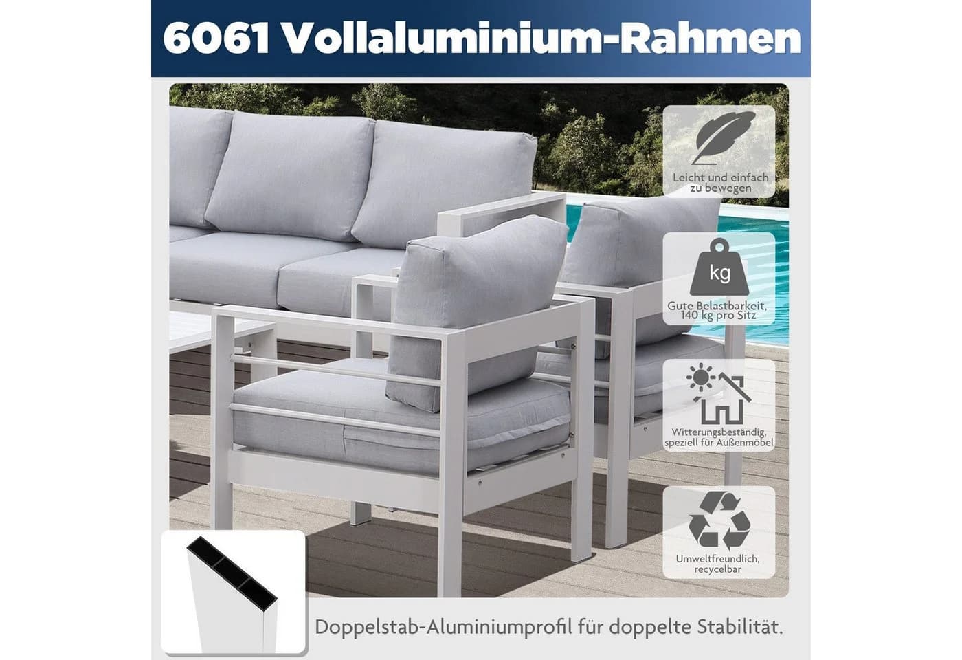 MeXo Gartenlounge-Set XXL 2-Sitzer Aluminium Weiß Grau - Bild 4