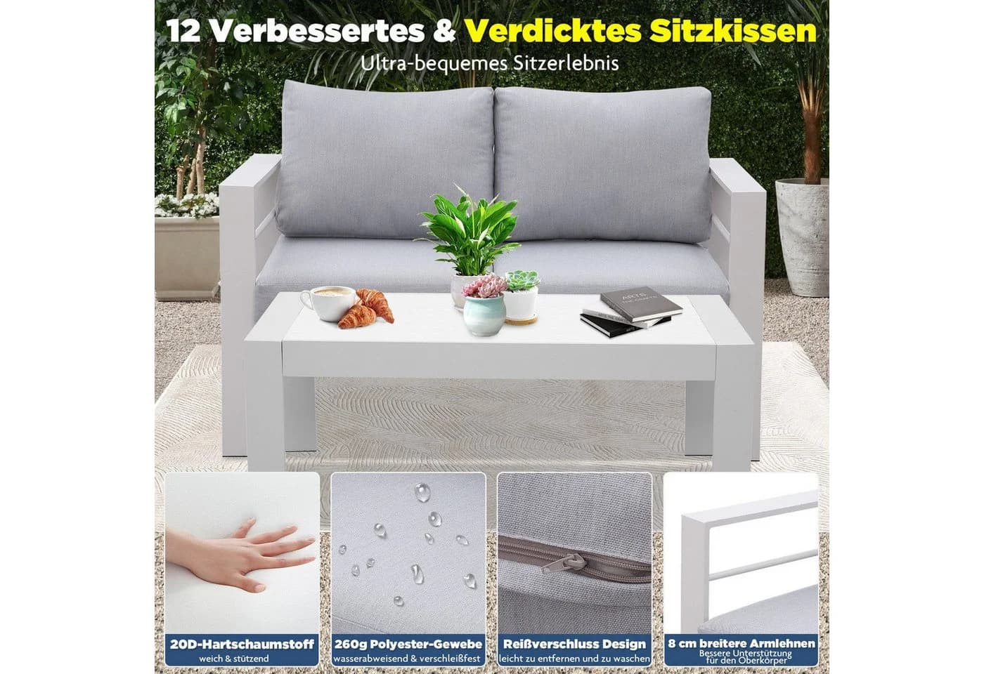 MeXo Gartenlounge-Set XXL 2-Sitzer Aluminium Weiß Grau - Bild 5