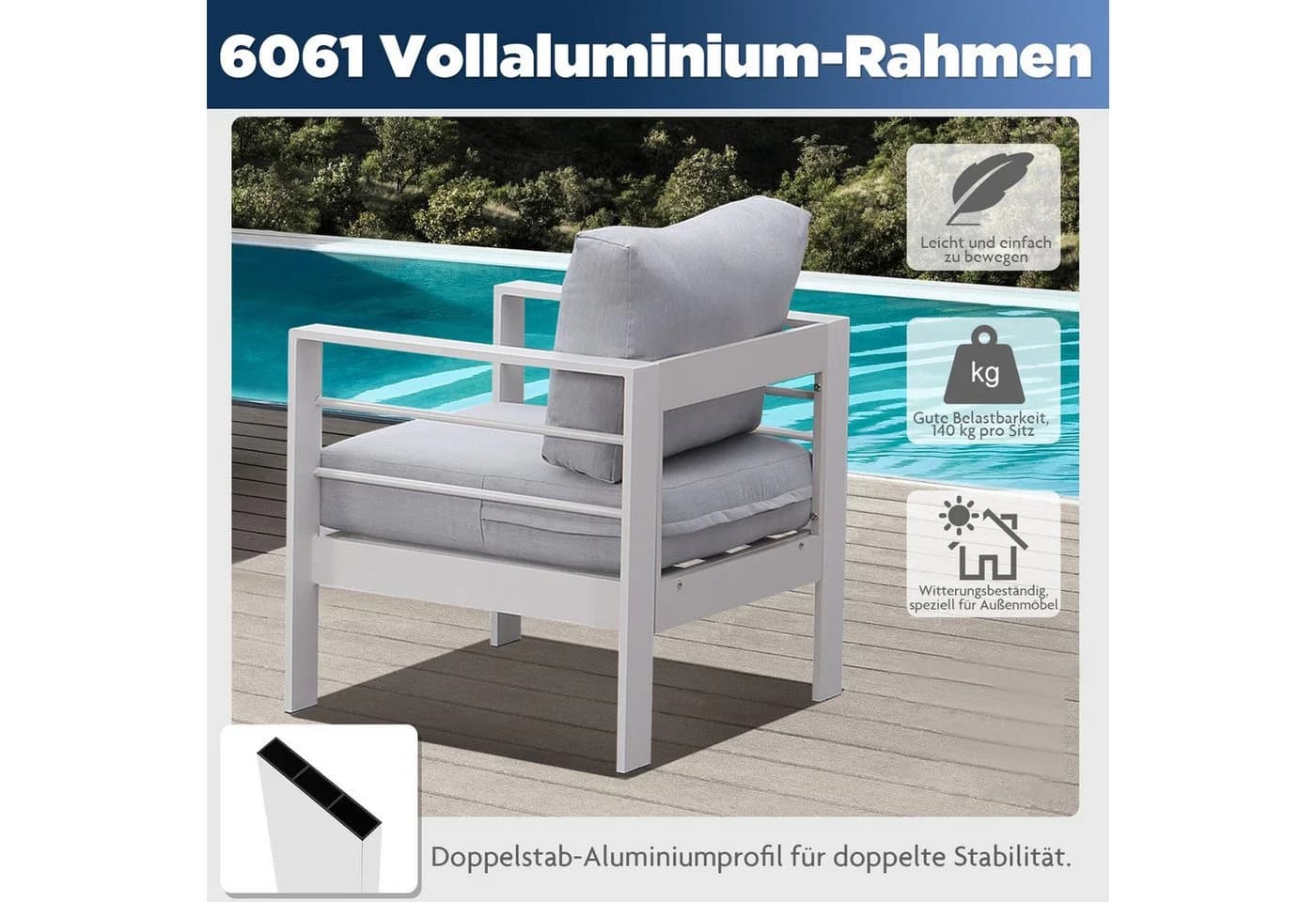 MeXo Gartensessel Relaxsessel Outdoor 2 Sitzer Aluminium Cremeweiß - Bild 4