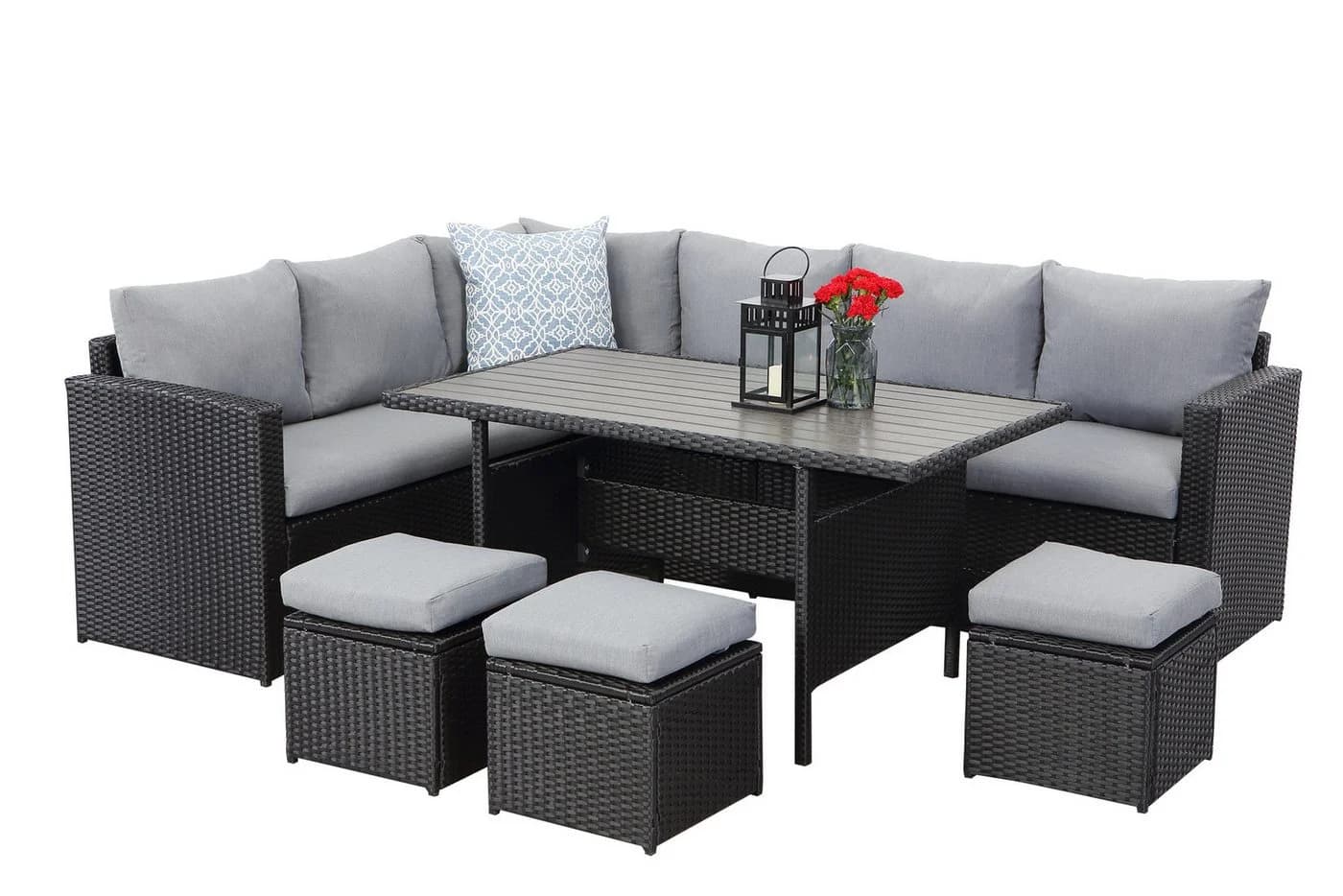 MeXo Gartenlounge-Set 7-tlg. Schwarz Polyrattan Outdoor