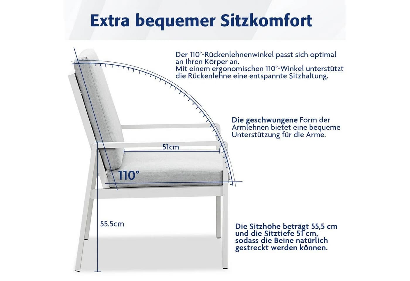 MeXo Gartenstuhl 2er Set Aluminium Weiß mit Kissen - Bild 5