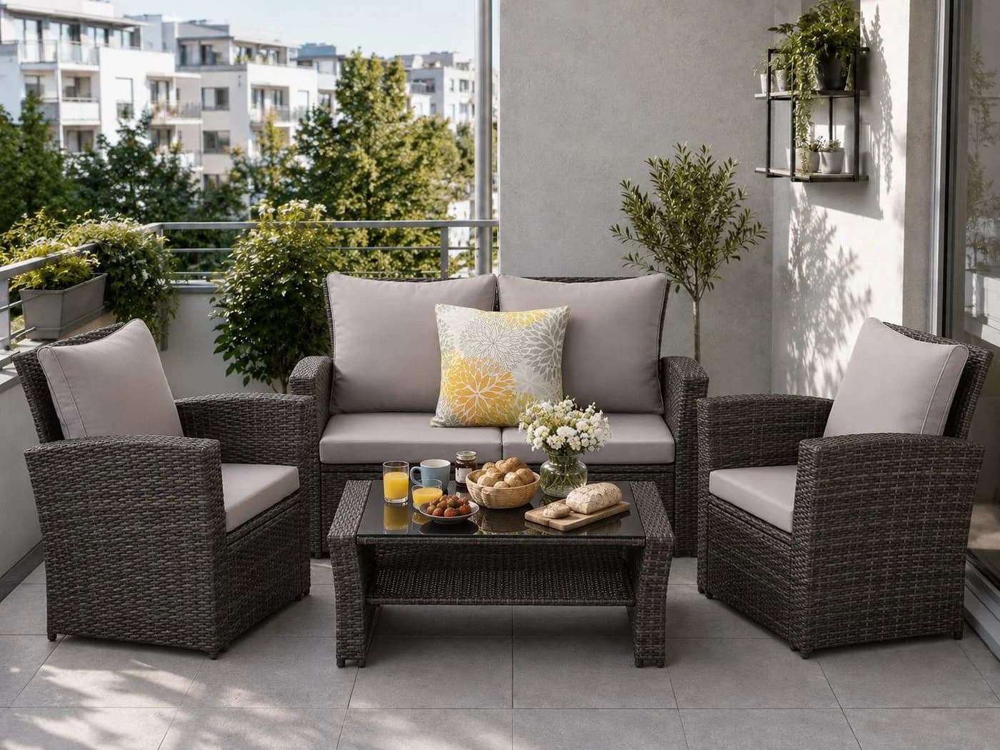 MeXo Gartenlounge-Set 4-tlg. Grau Polyrattan mit Kissen - Bild 2