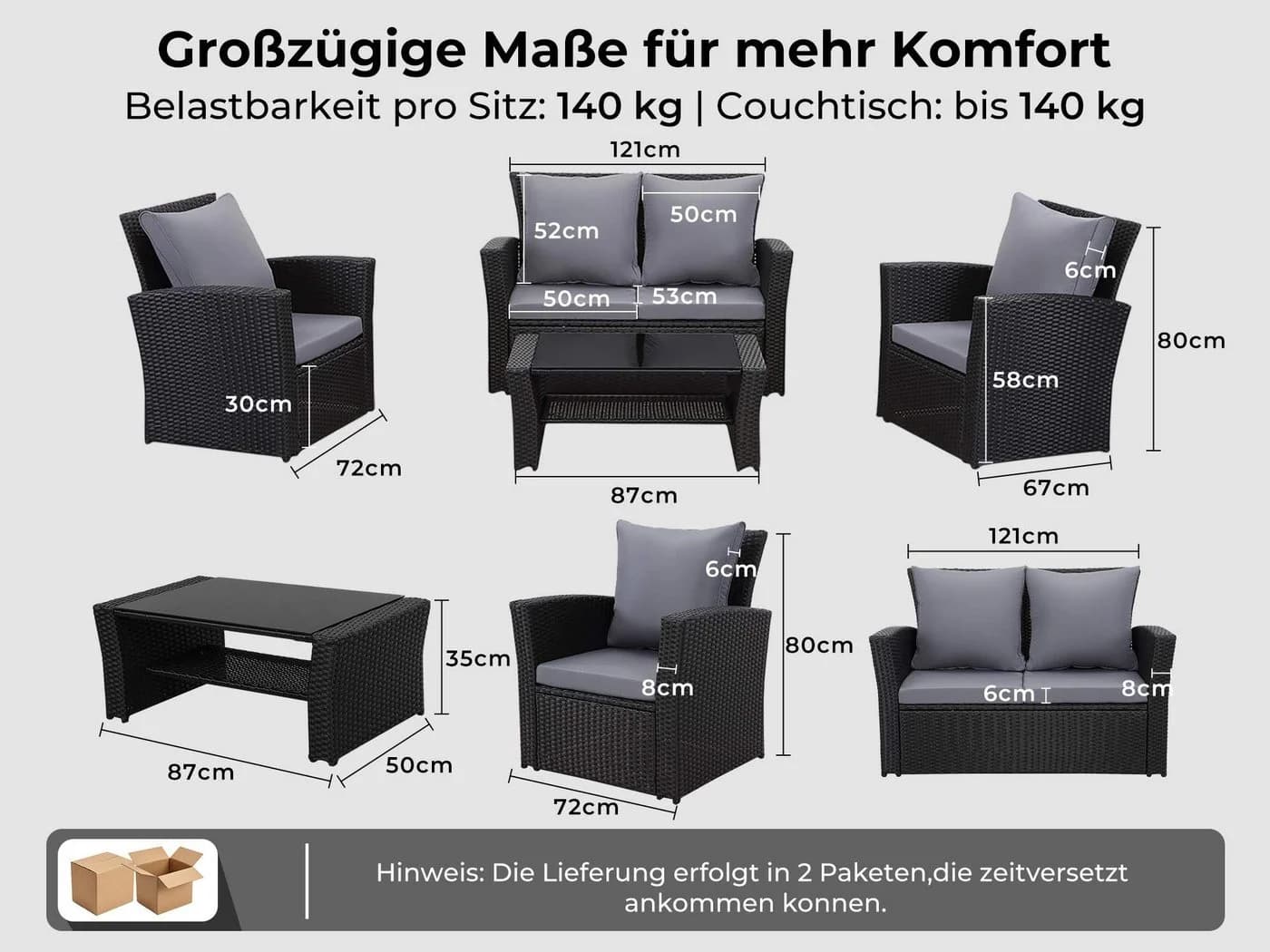MeXo Gartenlounge-Set 4-tlg. Schwarz Polyrattan mit Kissen - Bild 4
