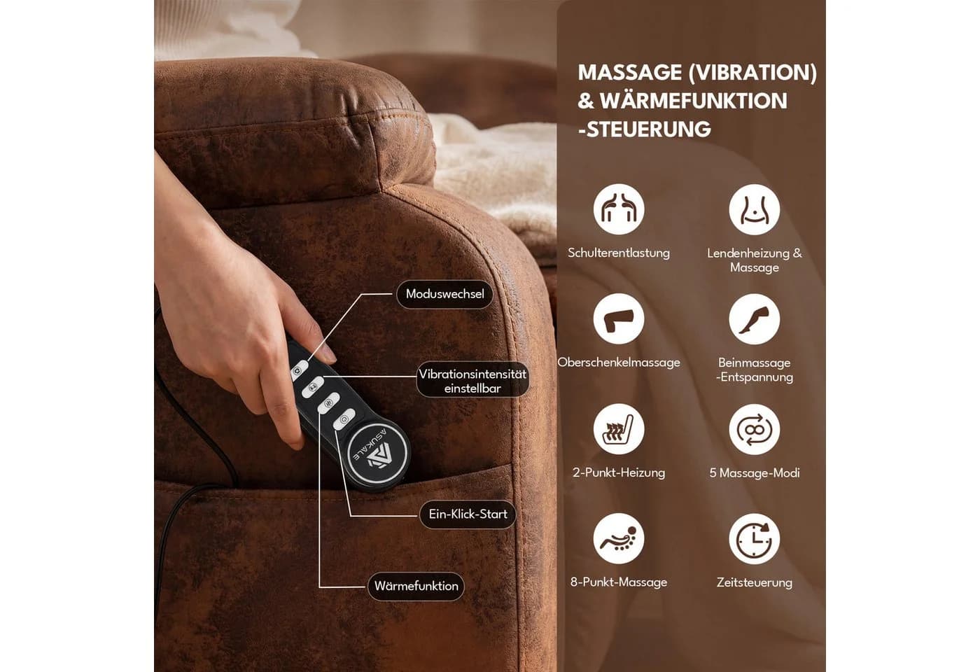 Happy Home Elektrischer Relaxsessel Braun mit Aufstehhilfe & Massage - Bild 3