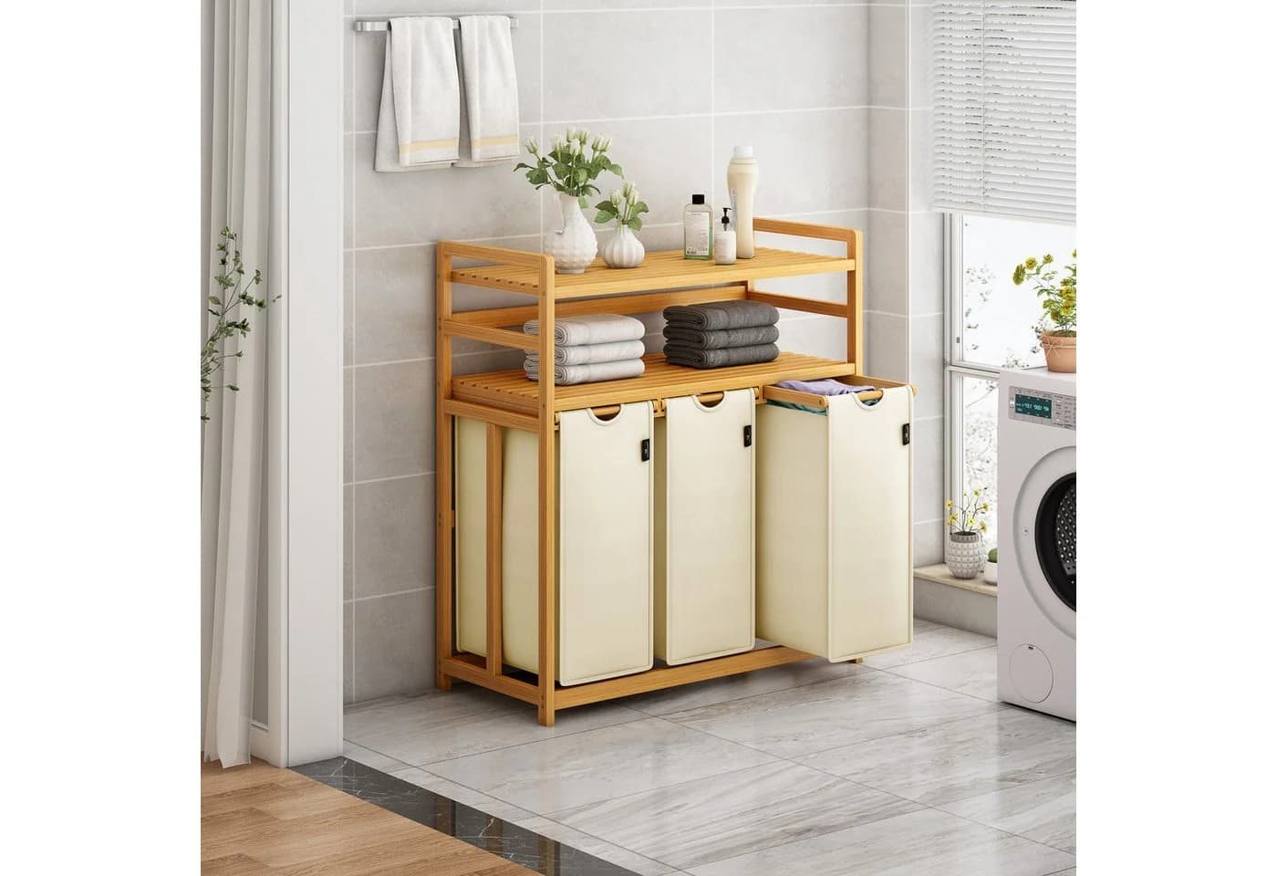AdelDream Wäschekorb 150L 3 Fächer 2 Regale Beige Bambus