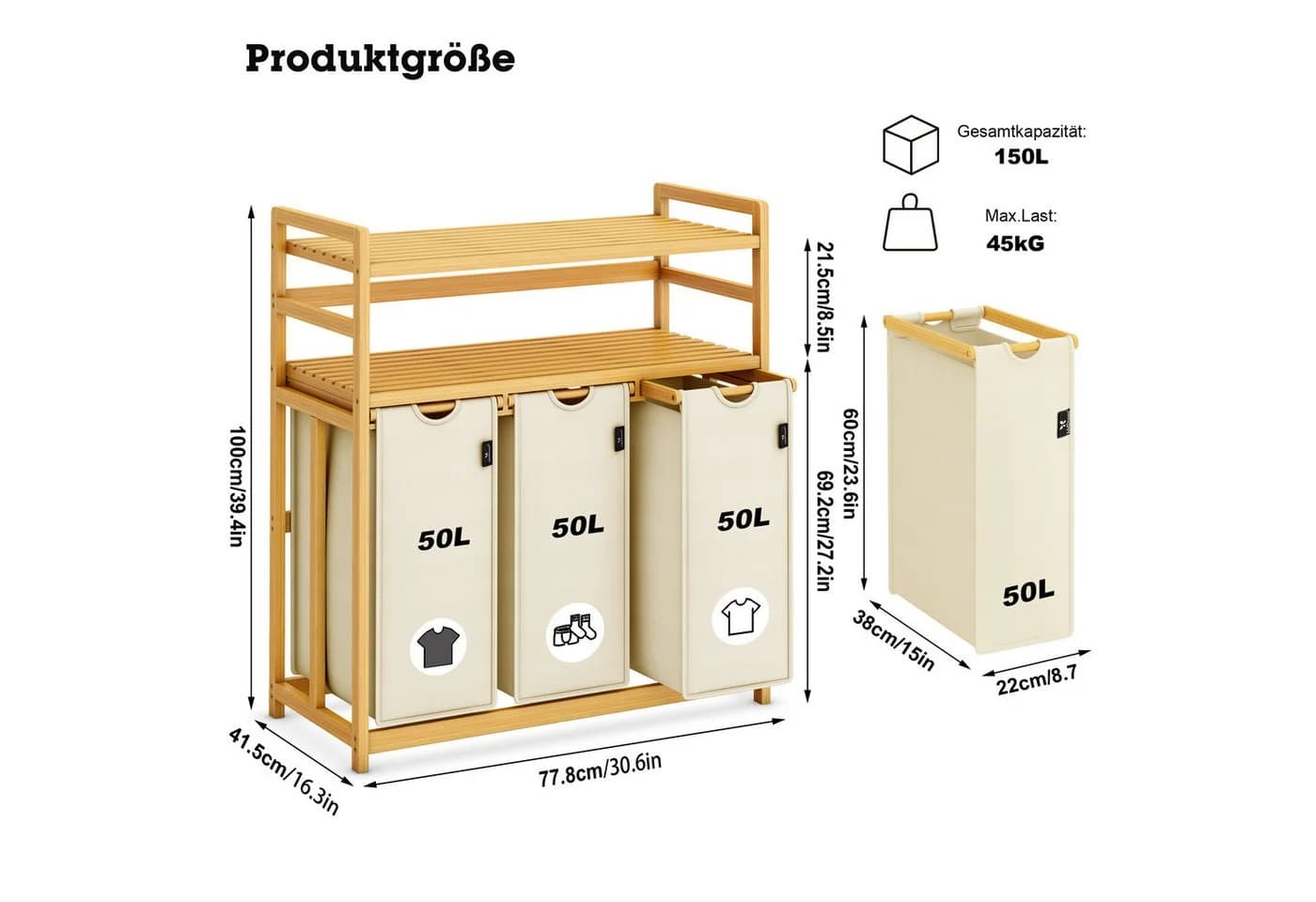 AdelDream Wäschekorb 150L 3 Fächer 2 Regale Beige Bambus - Bild 3