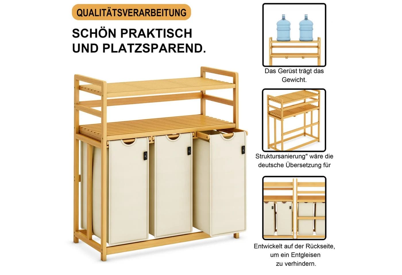 AdelDream Wäschekorb 150L 3 Fächer 2 Regale Beige Bambus - Bild 5