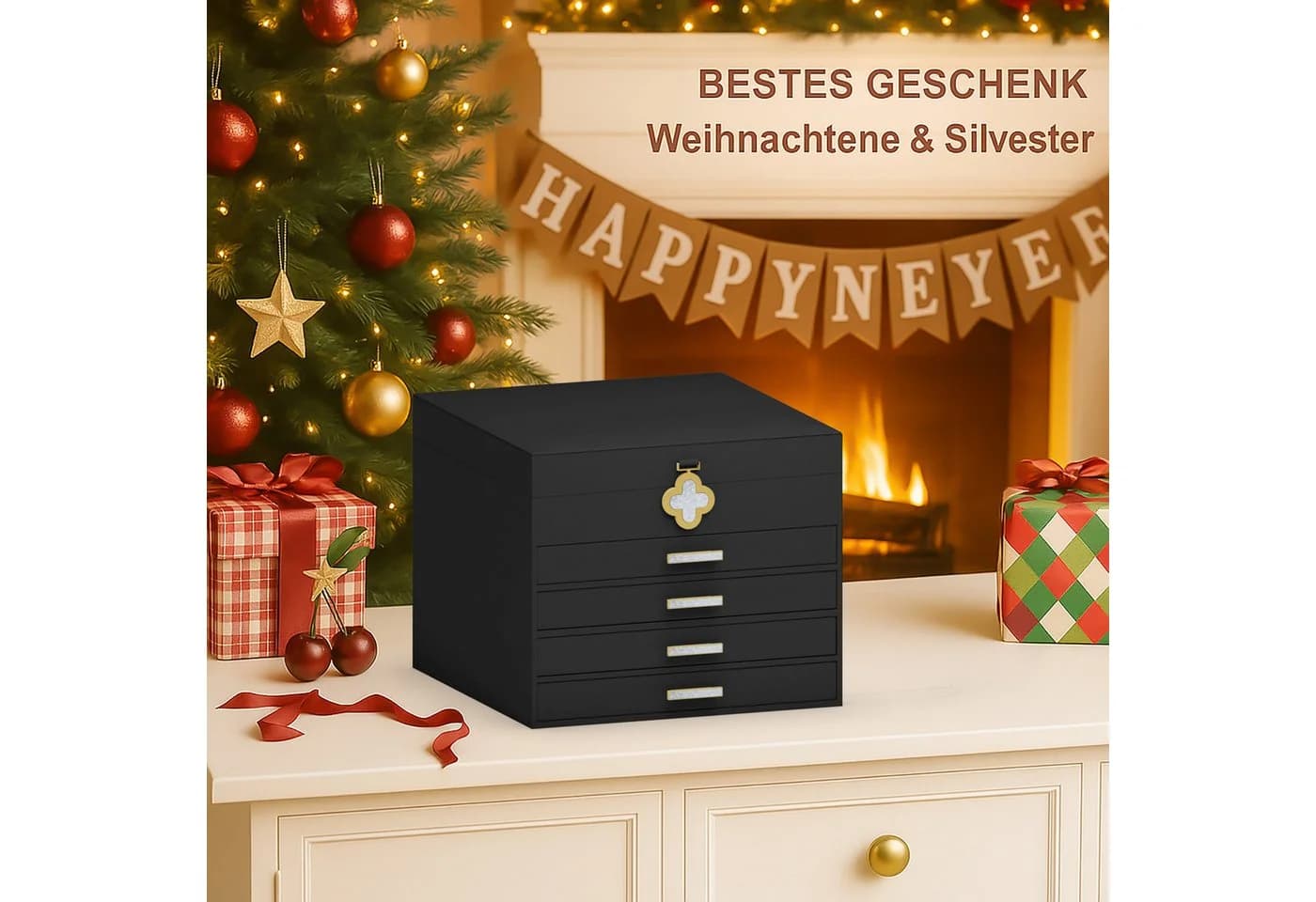 AdelDream Schmuckkasten Schwarz 5-stöckig mit Kleeblatt-Knopf - Bild 5