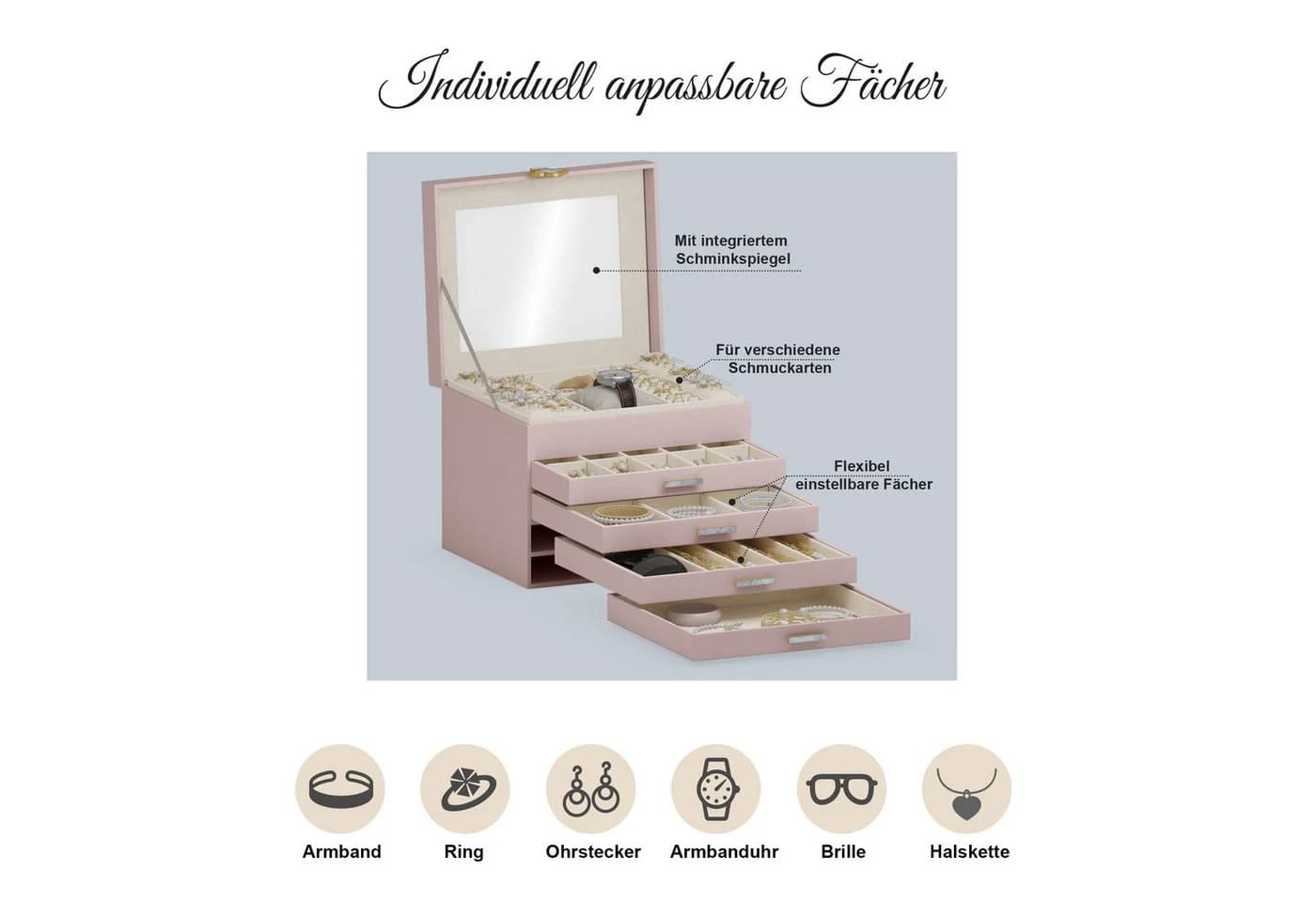 AdelDream Schmuckkasten Rosa 5-stöckig mit Spiegel - Bild 4