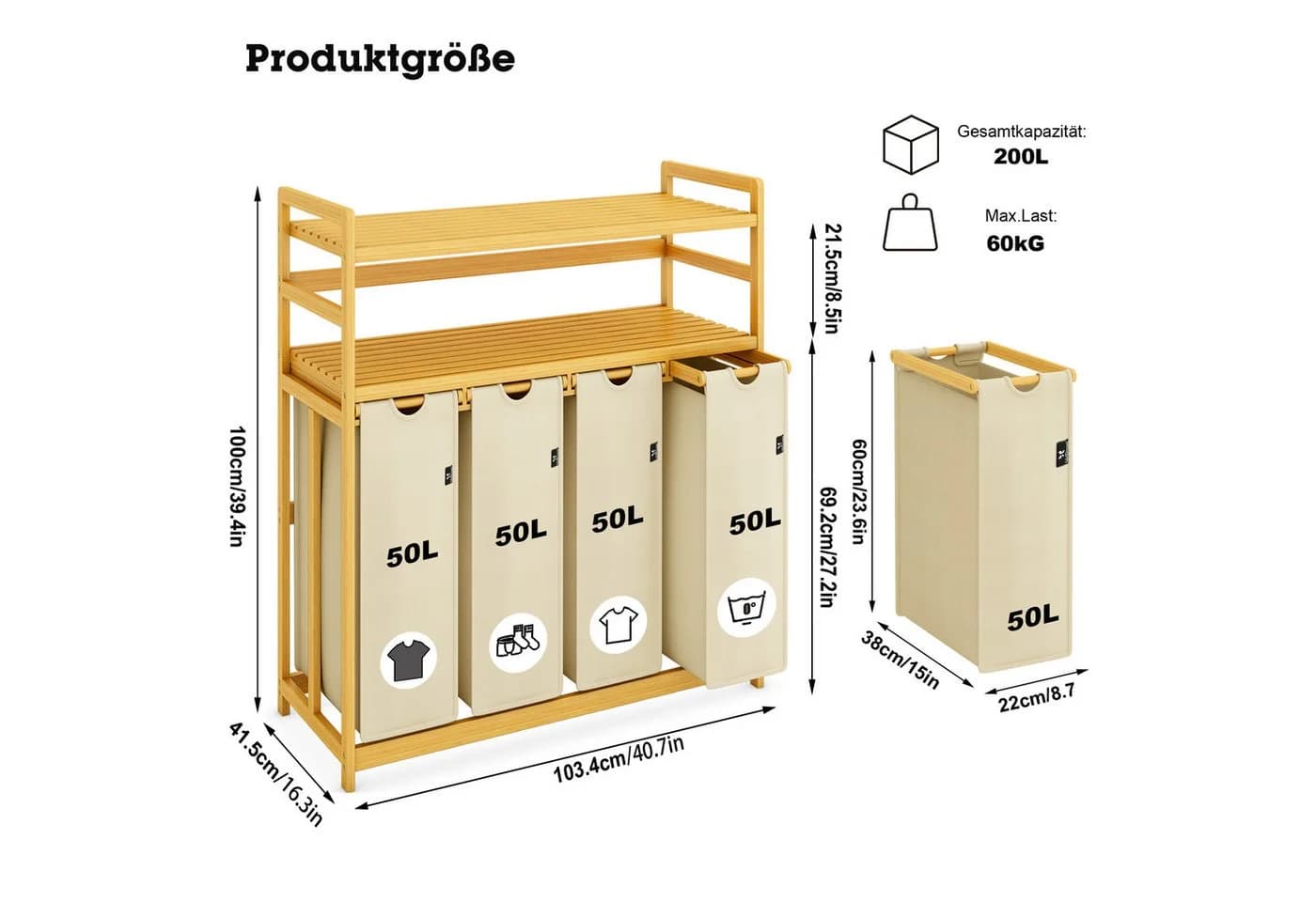 AdelDream Wäschekorb 200L mit 4 Fächern und 2 Ablagen - Bild 4