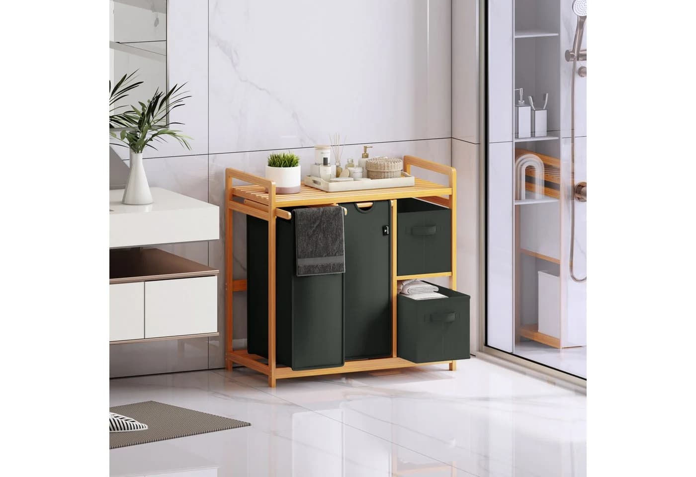 AdelDream Wäschekorb 140L Grau mit Bambus-Gestell und Doppelregal