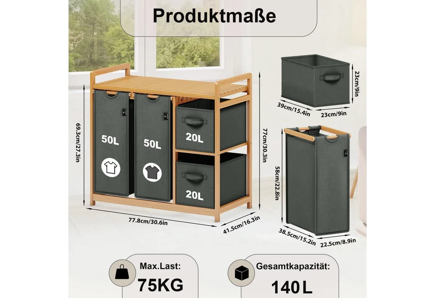 AdelDream Wäschekorb 140L Grau mit Bambus-Gestell und Doppelregal - Bild 3