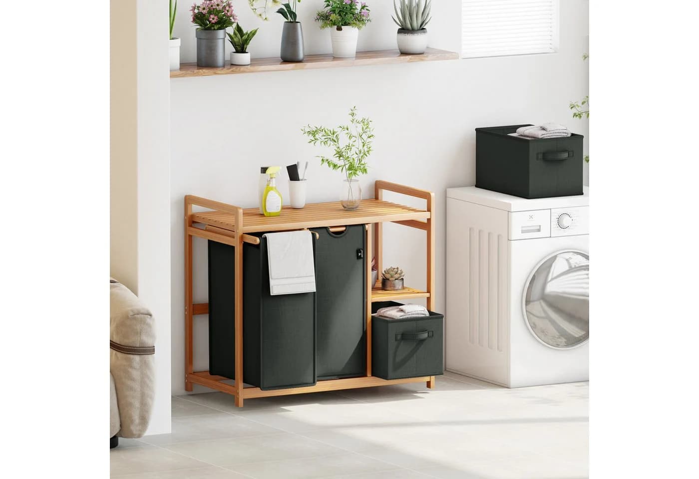 AdelDream Wäschekorb 140L Grau mit Bambus-Gestell und Doppelregal - Bild 4