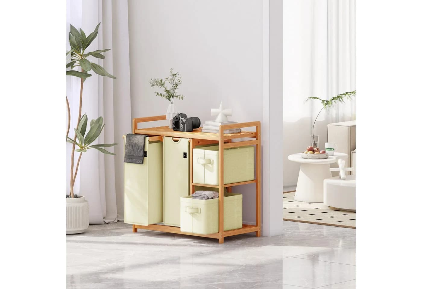 AdelDream Wäschekorb 140L Bambus mit 5 Fächern und Ablage Beige