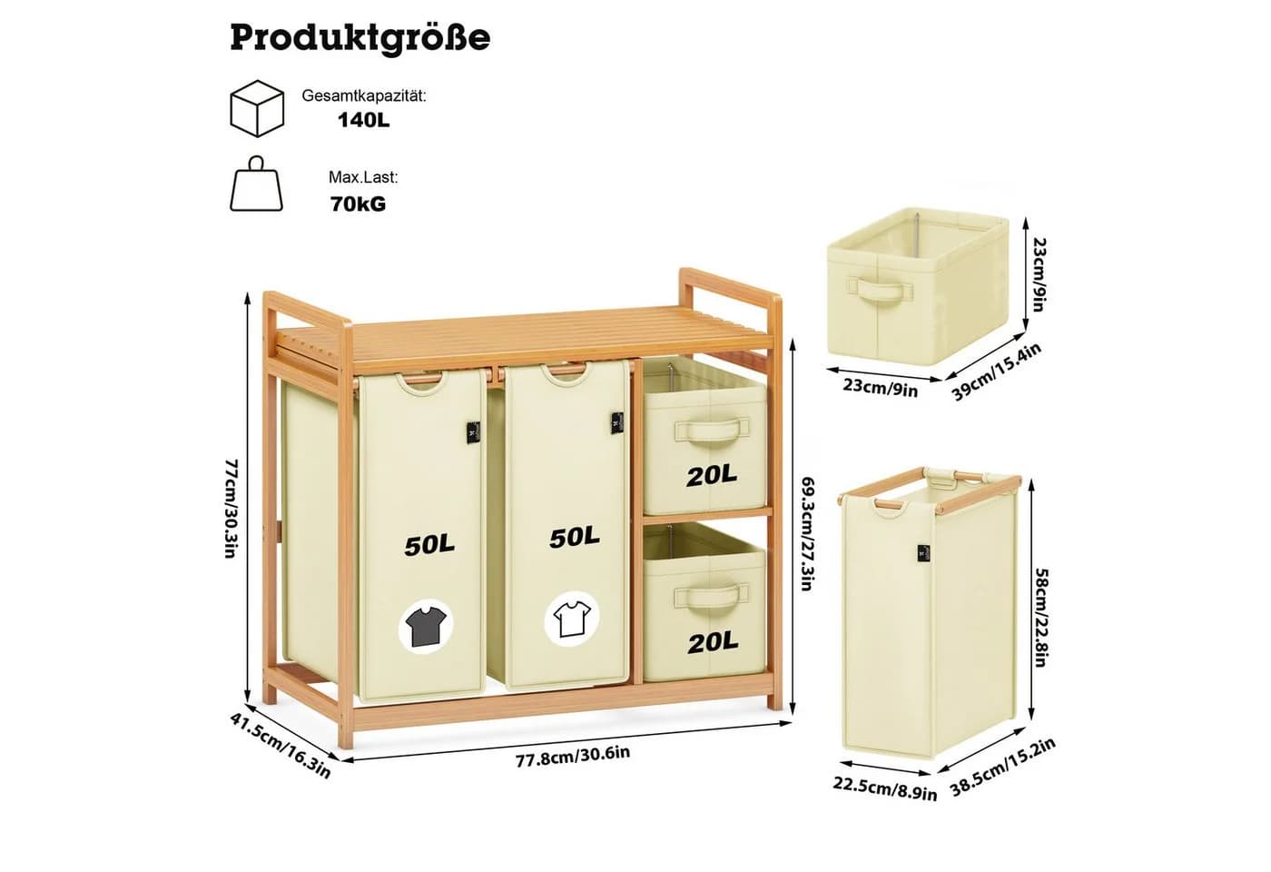 AdelDream Wäschekorb 140L Bambus mit 5 Fächern und Ablage Beige - Bild 3