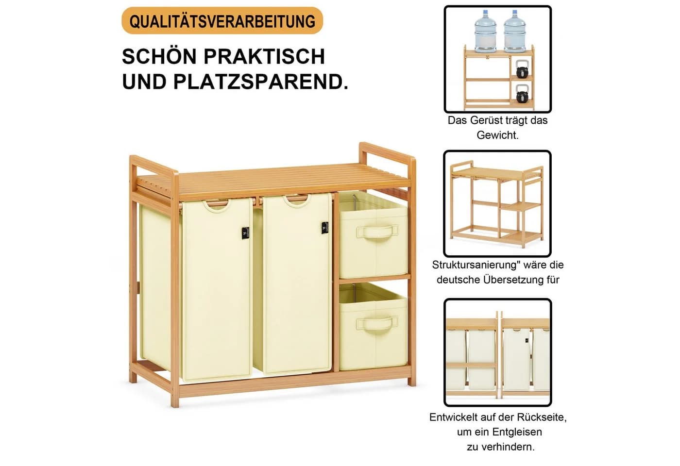 AdelDream Wäschekorb 140L Bambus mit 5 Fächern und Ablage Beige - Bild 4