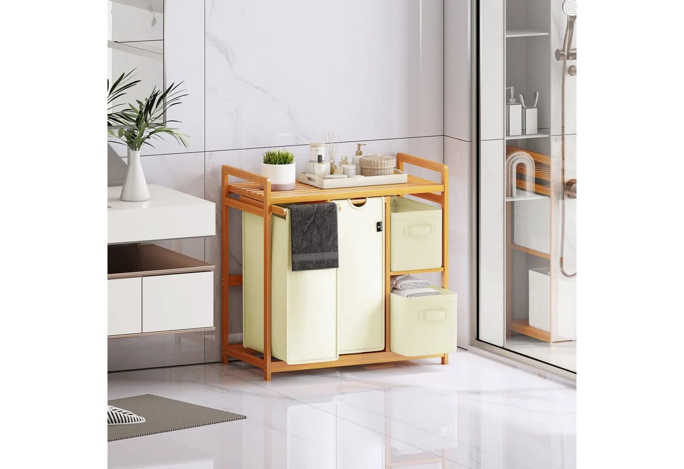 AdelDream Wäschekorb 140L Bambus mit 5 Fächern und Ablage Beige - Bild 5
