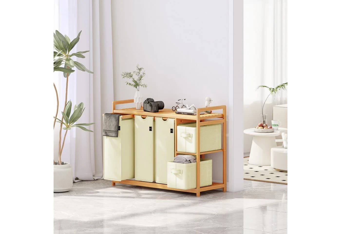 AdelDream Wäschekorb 5 Fächer Beige Bambus Wäschesammler