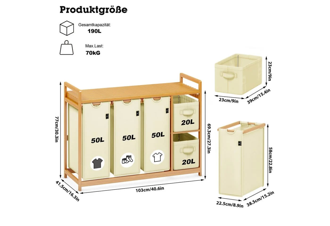 AdelDream Wäschekorb 5 Fächer Beige Bambus Wäschesammler - Bild 3