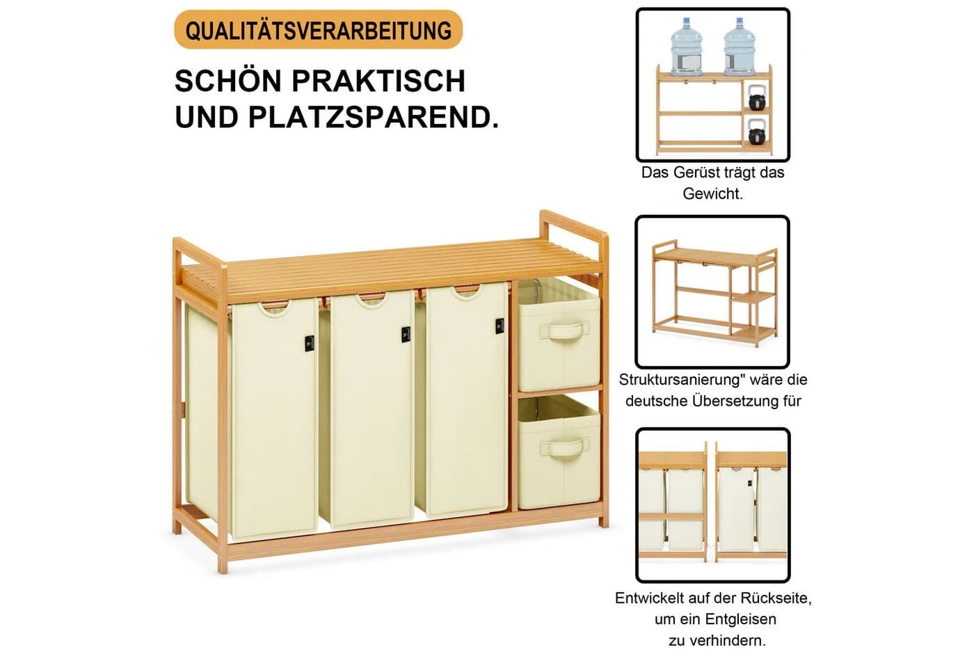 AdelDream Wäschekorb 5 Fächer Beige Bambus Wäschesammler - Bild 4