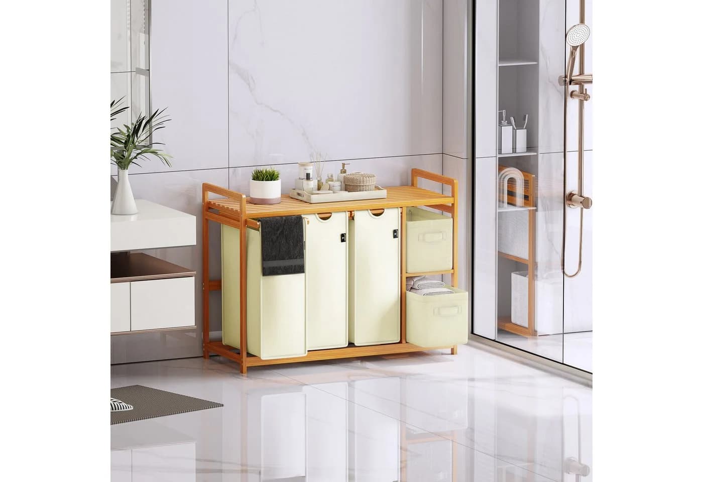 AdelDream Wäschekorb 5 Fächer Beige Bambus Wäschesammler - Bild 5