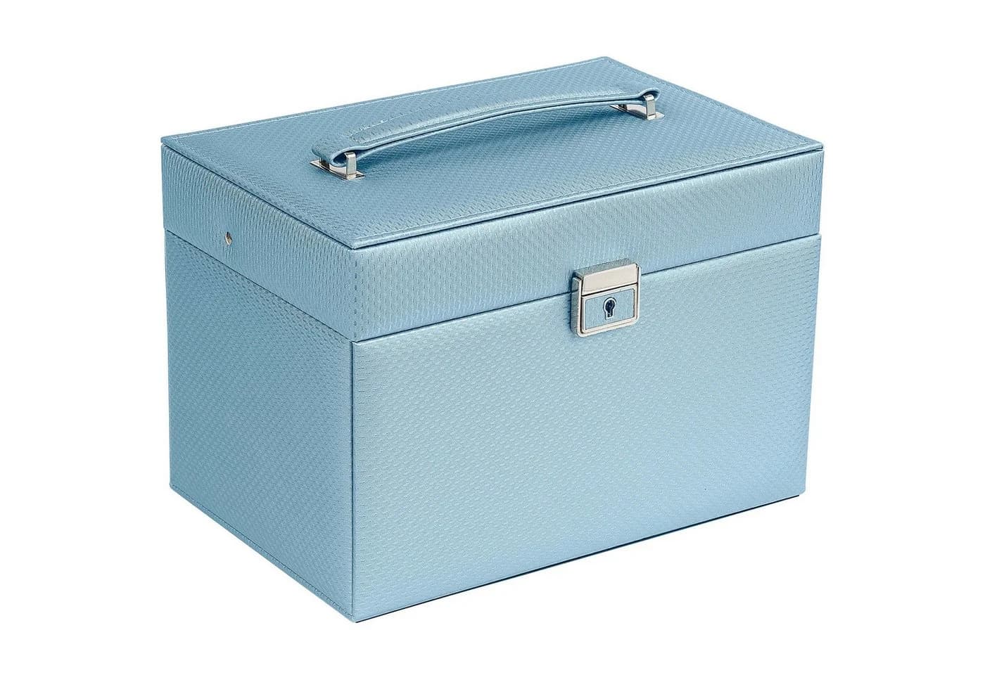 AdelDream Schmuckkasten mit Spiegel, Griff, abschließbar, 4 Ebenen, Blau/Beige