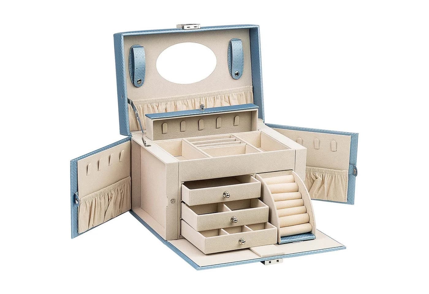 AdelDream Schmuckkasten mit Spiegel, Griff, abschließbar, 4 Ebenen, Blau/Beige - Bild 2